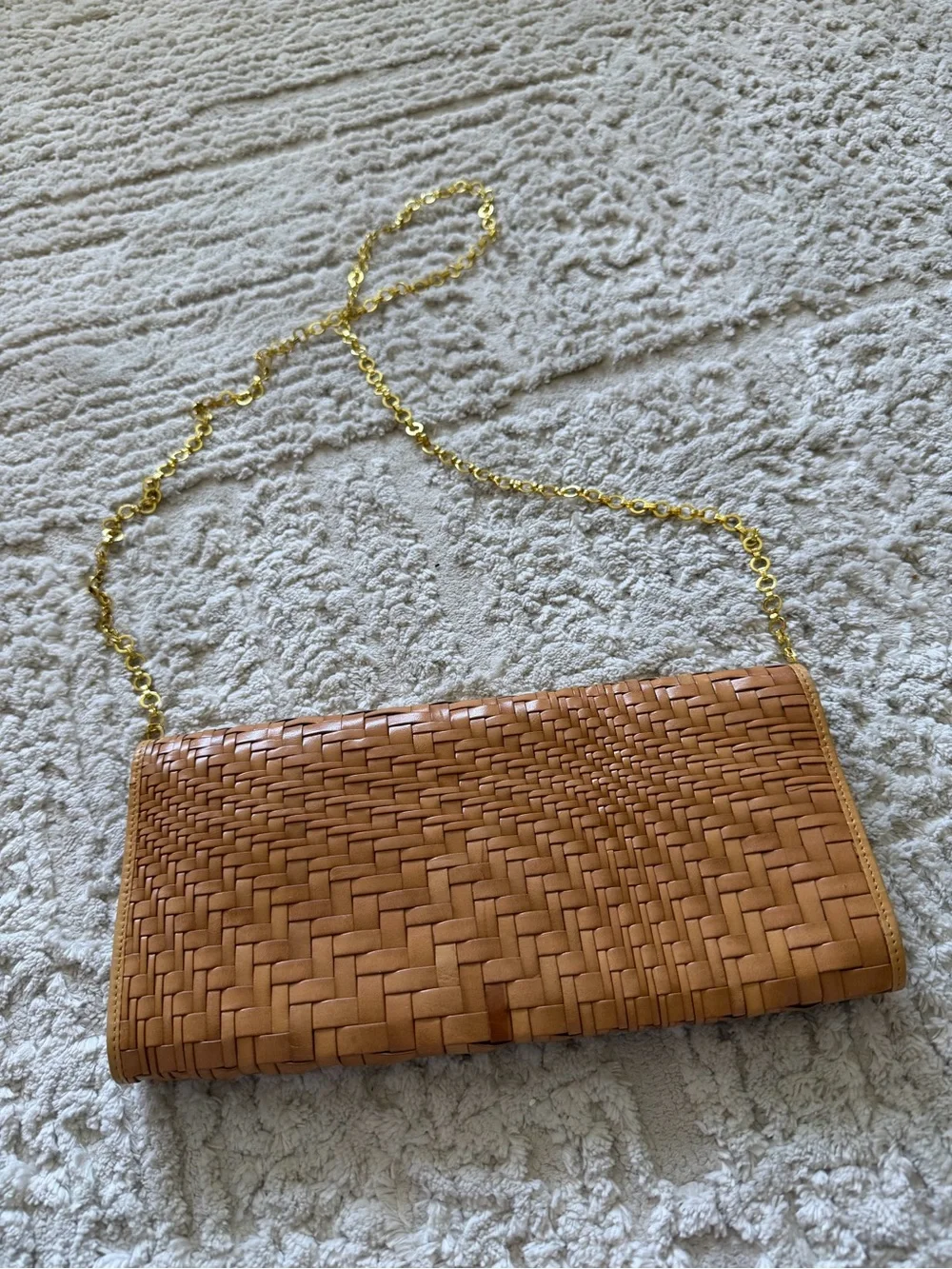 Cole Haan's iconic Genevieve woven leather tan crossbody bag